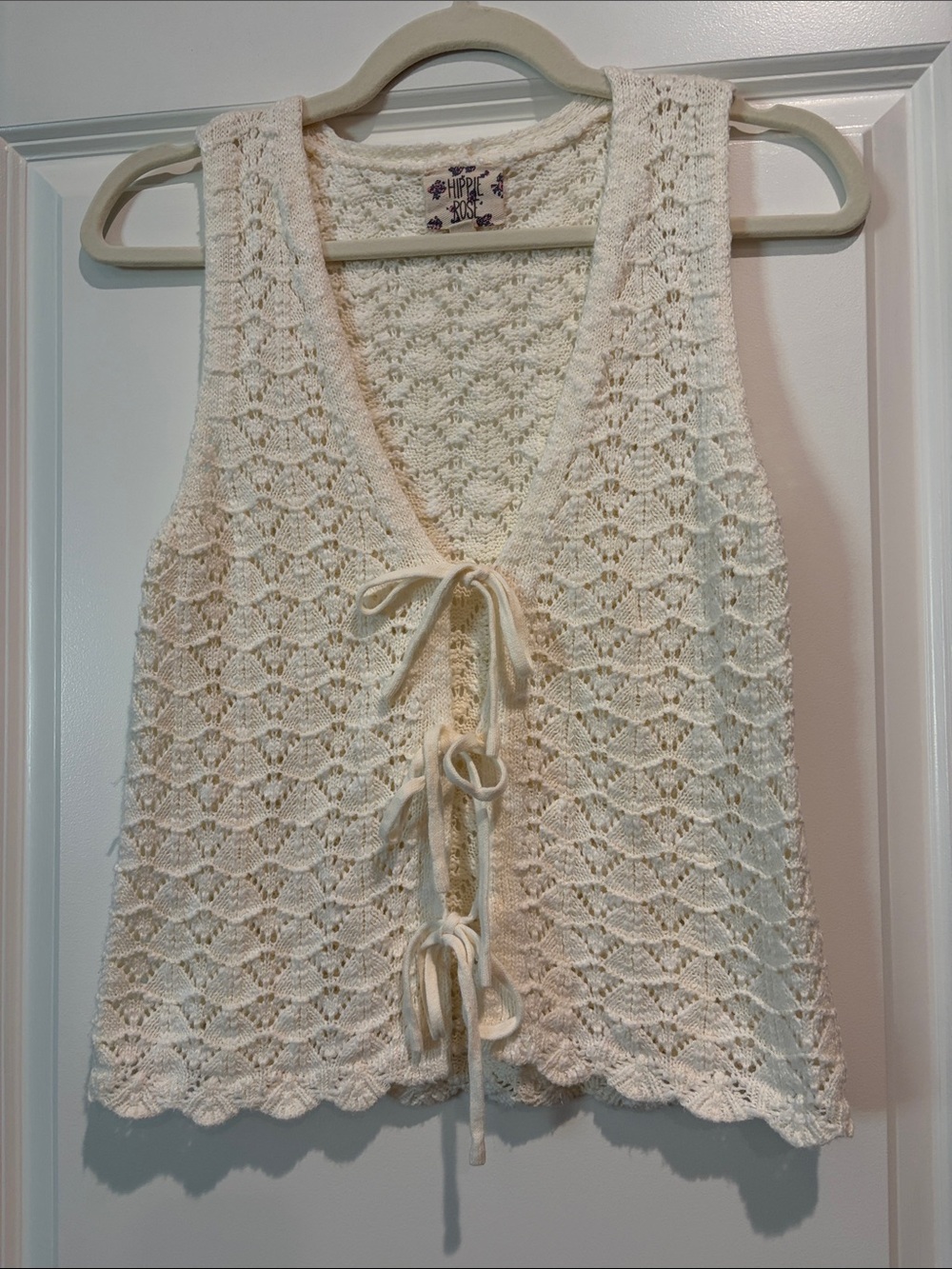 Hippie Rose Cream Crochet Tie-Front Boho Cottage core Vest Top, size M